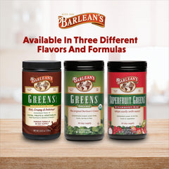 Barlean's Greens serving scoop poured into water for easy mixing.
