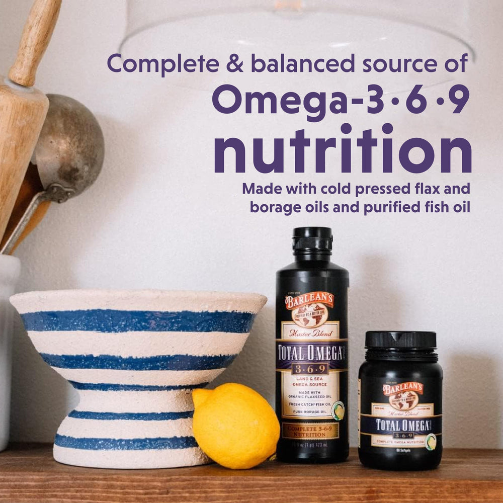Barlean's daily-use softgels image demonstrates simple 3-per-day routine.