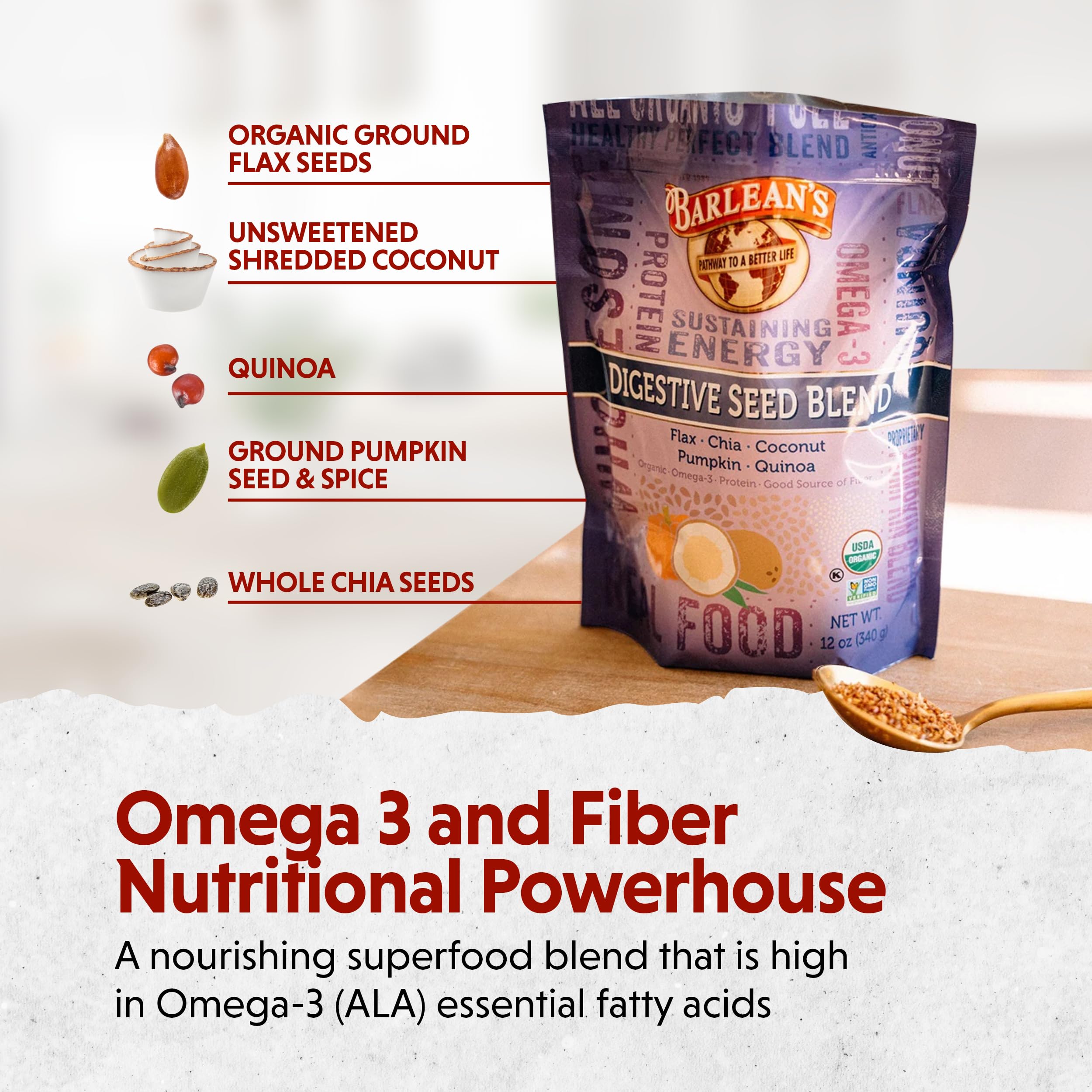 Barlean's Digestive Seed Blend in oatmeal bowl for a nutritious breakfast