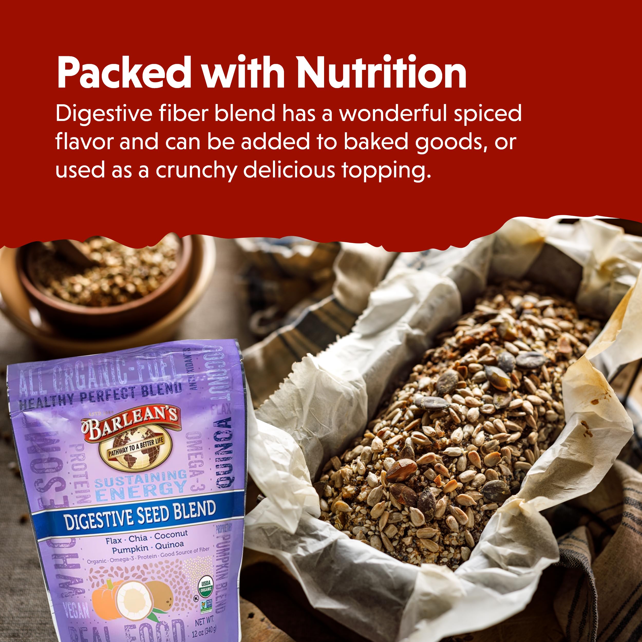 Barlean's Digestive Seed Blend whisked into a smoothie for added fiber