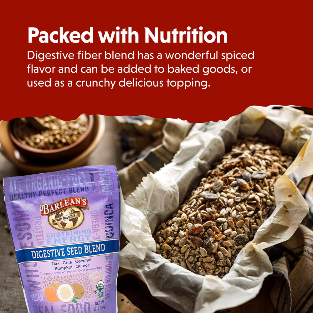 Barlean's Digestive Seed Blend whisked into a smoothie for added fiber