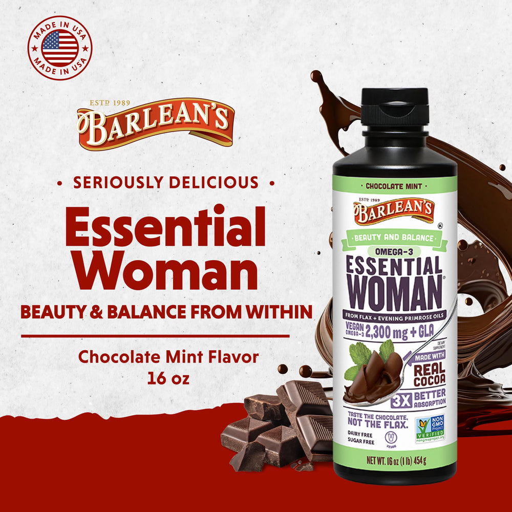 Barlean's Essential Woman bottle on kitchen counter — easy integration into daily wellness routine.
