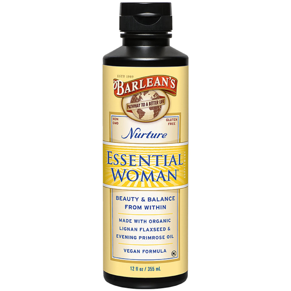 Barlean's Essential Woman bottle with flax and primrose oil for healthier hair and skin.