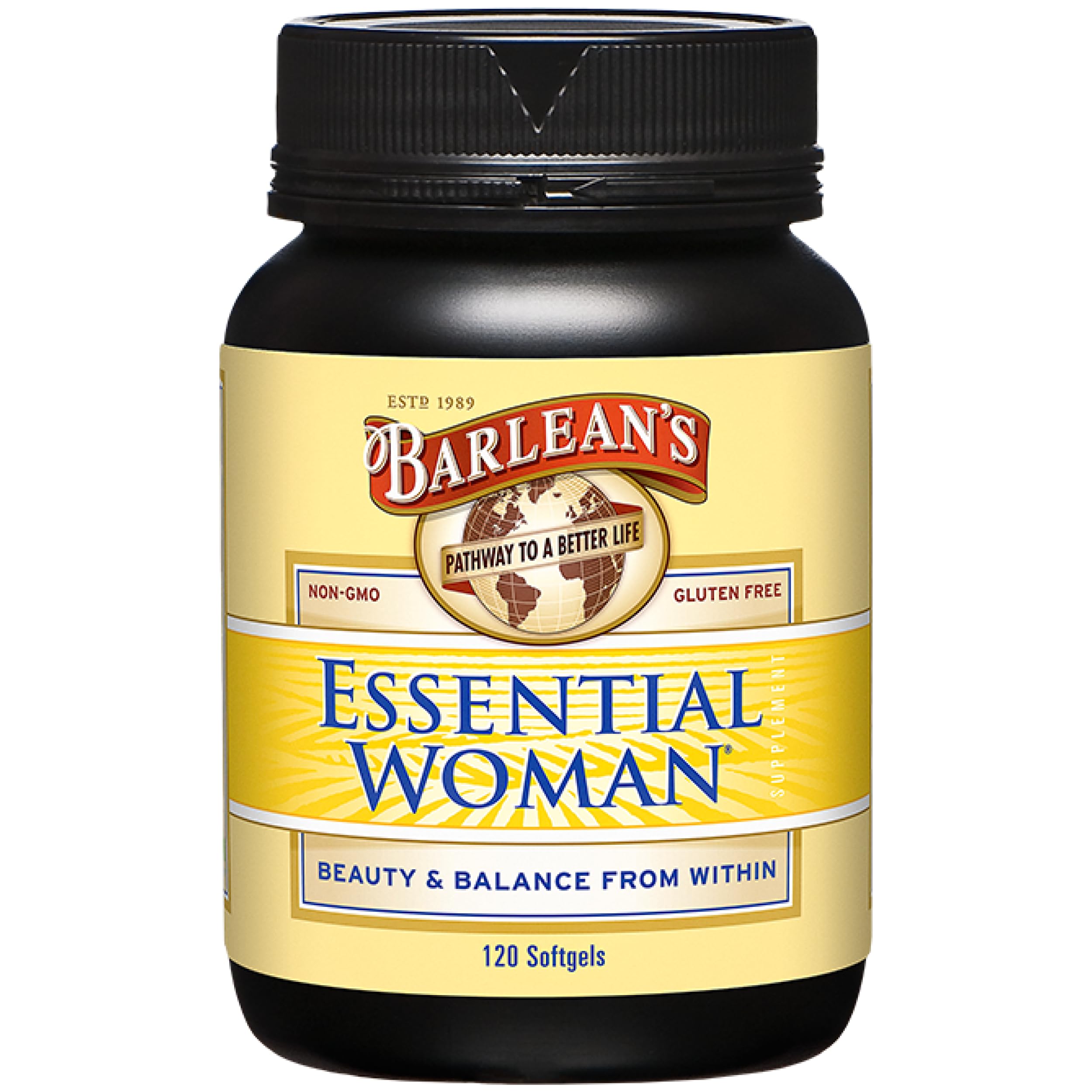 Barlean's Essential Woman bottle shows the omega blend for daily balance.