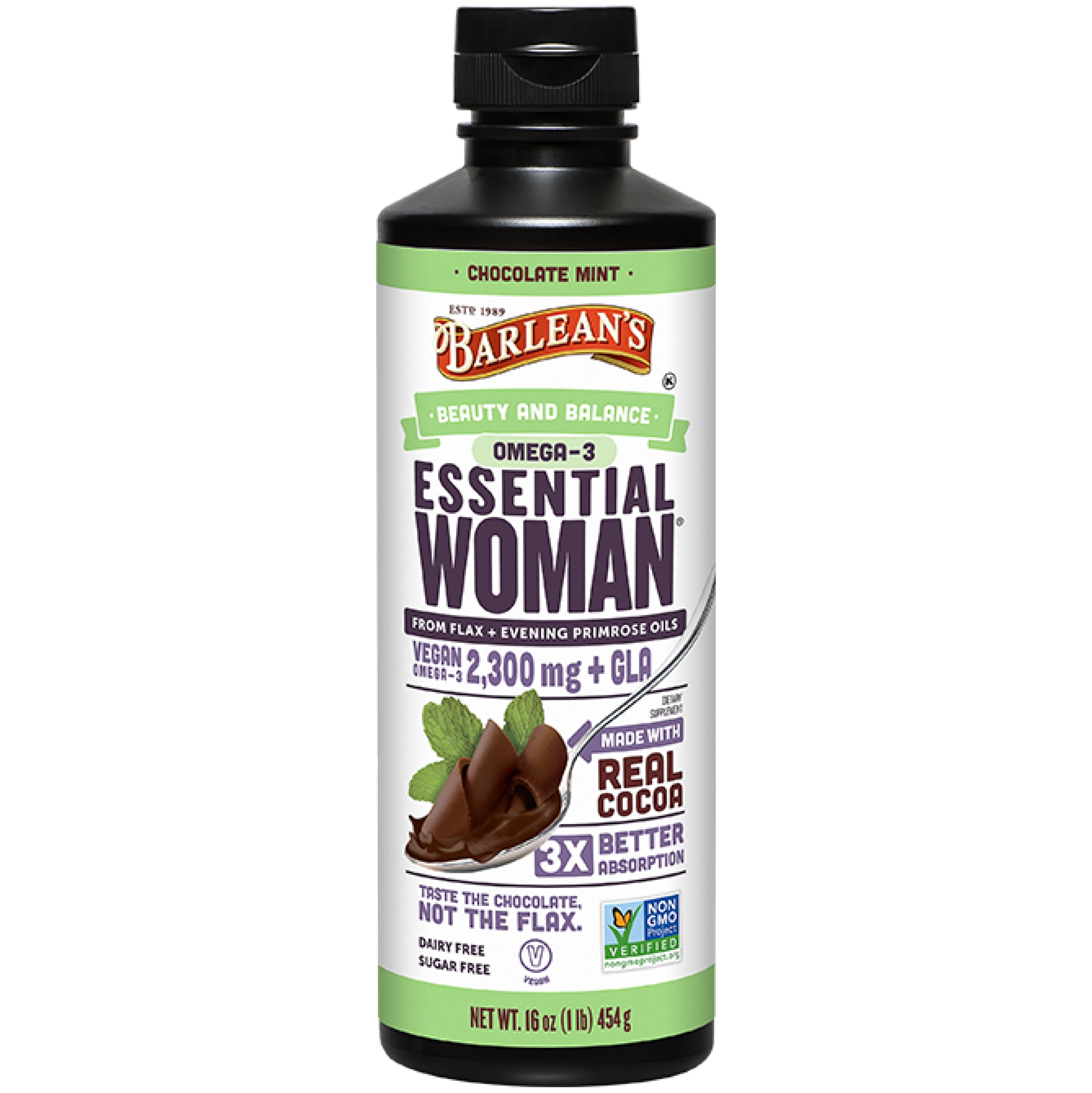 Barlean's Essential Woman chocolate mint bottle pour — convenient daily use for potential hormonal balance support.