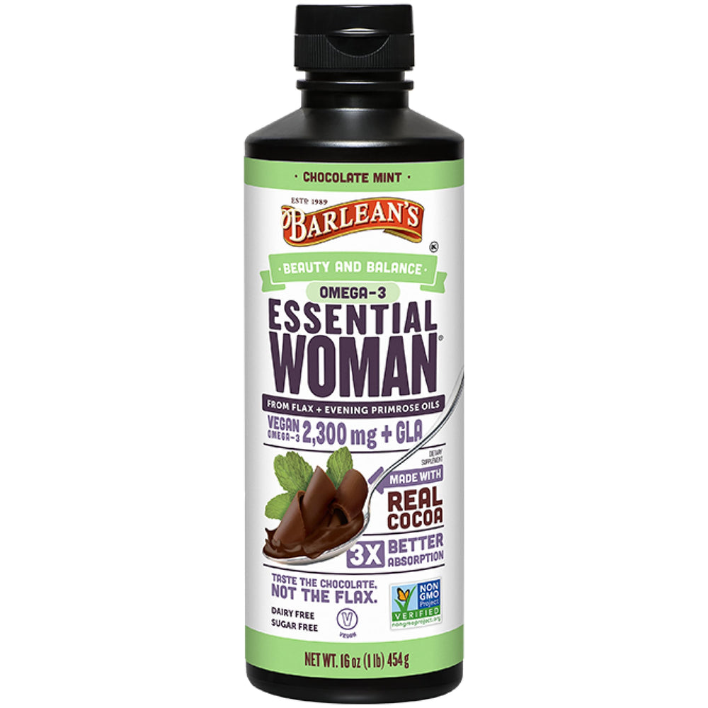 Barlean's Essential Woman chocolate mint bottle pour — convenient daily use for potential hormonal balance support.