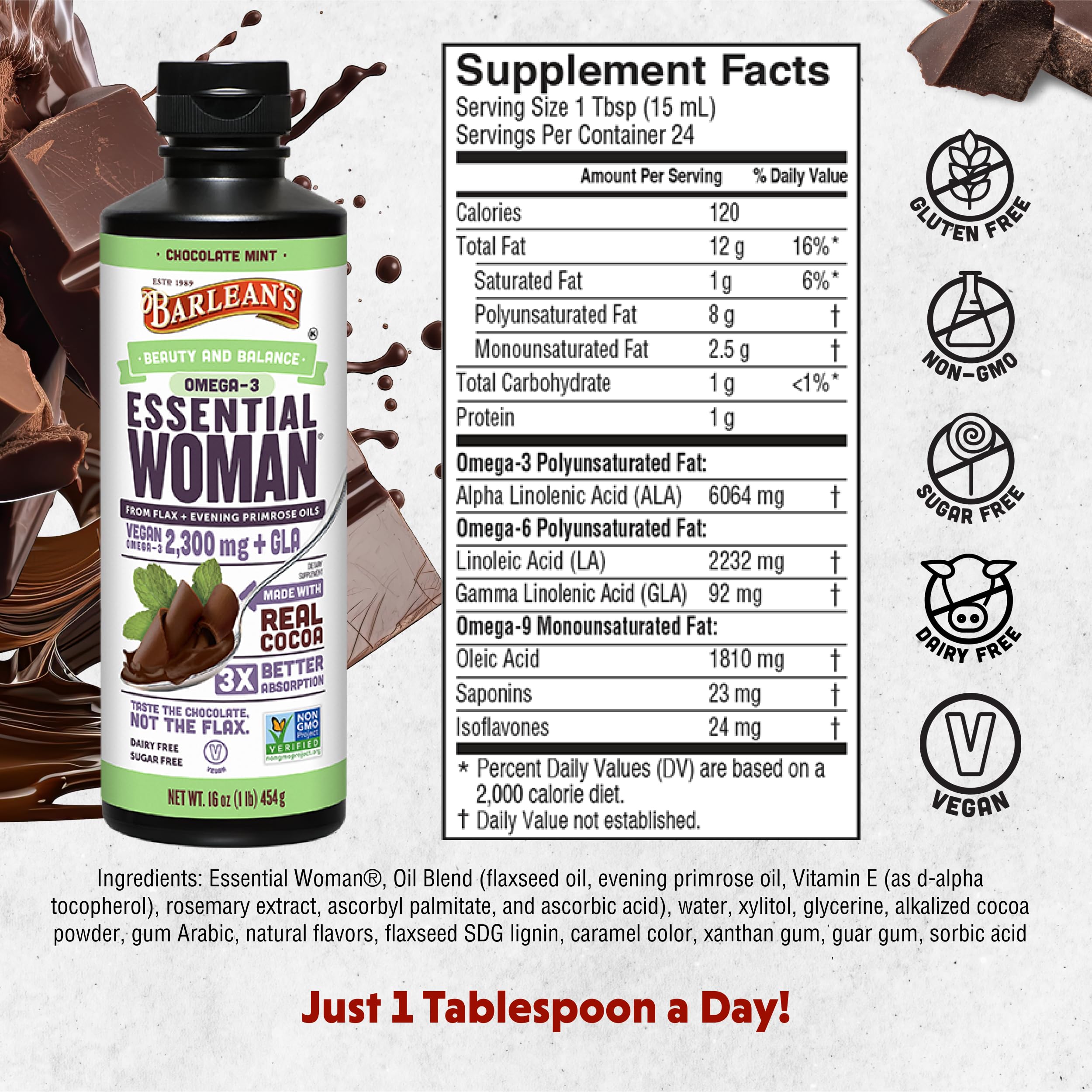 Barlean's Essential Woman chocolate mint label closeup — highlights flaxseed and evening primrose ingredients.