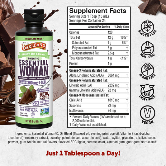 Barlean's Essential Woman chocolate mint label closeup — highlights flaxseed and evening primrose ingredients.