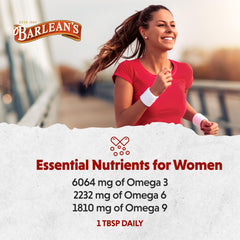 Barlean's Essential Woman evening primrose oil gold liquid — GLA-rich blend for balanced nutrition.
