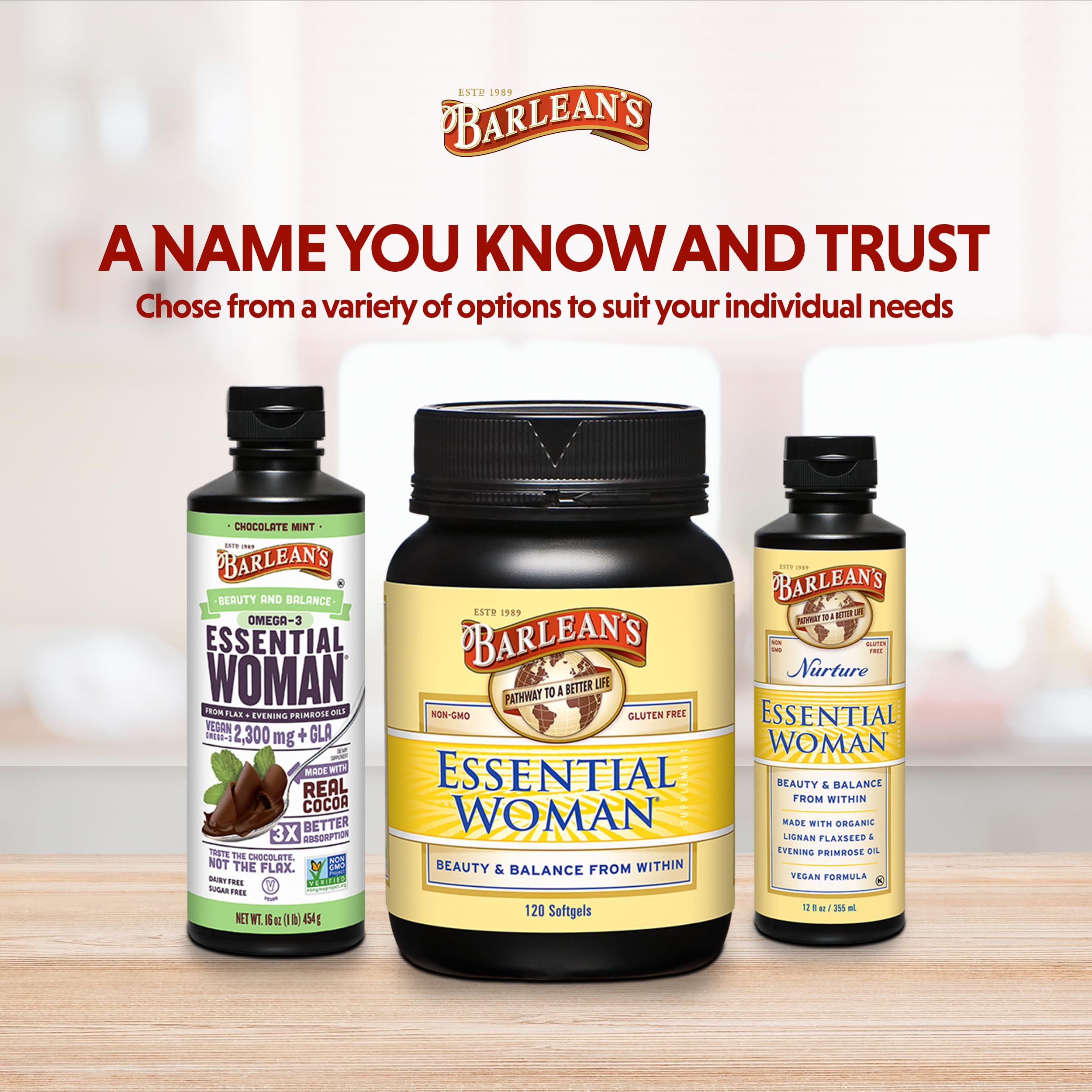 Barlean's Essential Woman supports hair, nails, and skin health.