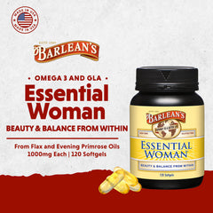 Barlean's Essential Woman label detail highlights flaxseed and evening primrose oil.