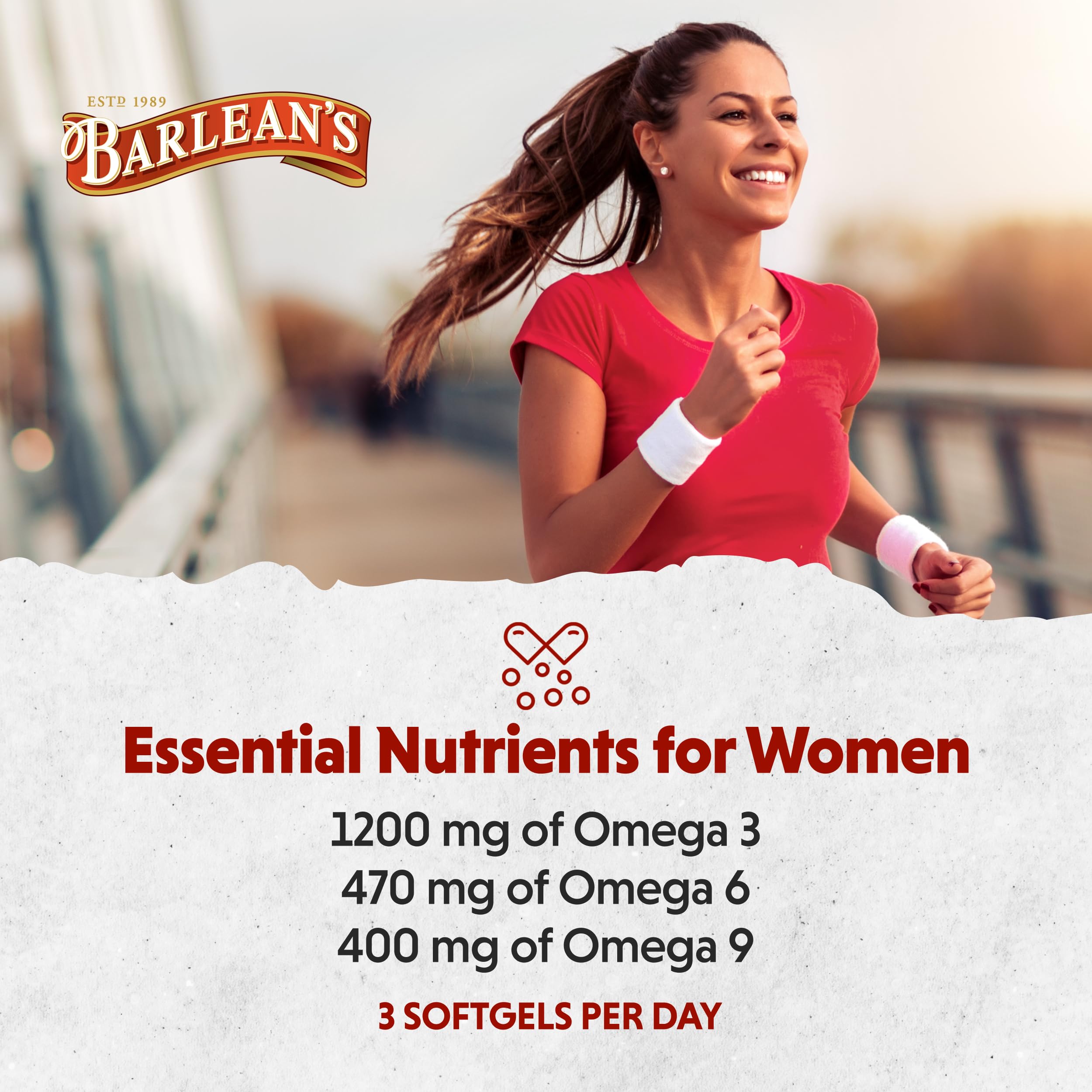 Barlean's Essential Woman packaging box shows non-GMO and gluten-free claims.