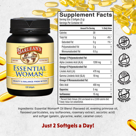 Close-up of Barlean's Essential Woman softgels for easy daily supplementation.
