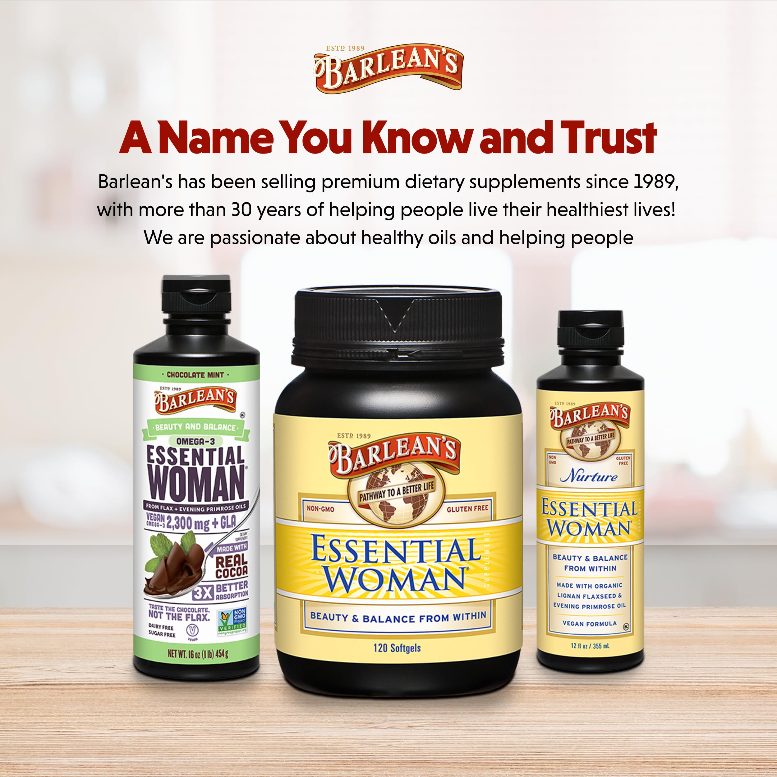 Barlean's Essential Woman soy isoflavones closeup — plant-based isoflavones for a balanced lifestyle.
