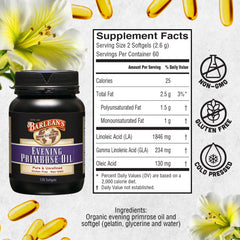 Barlean's Evening Primrose capsules close-up with golden oil hint