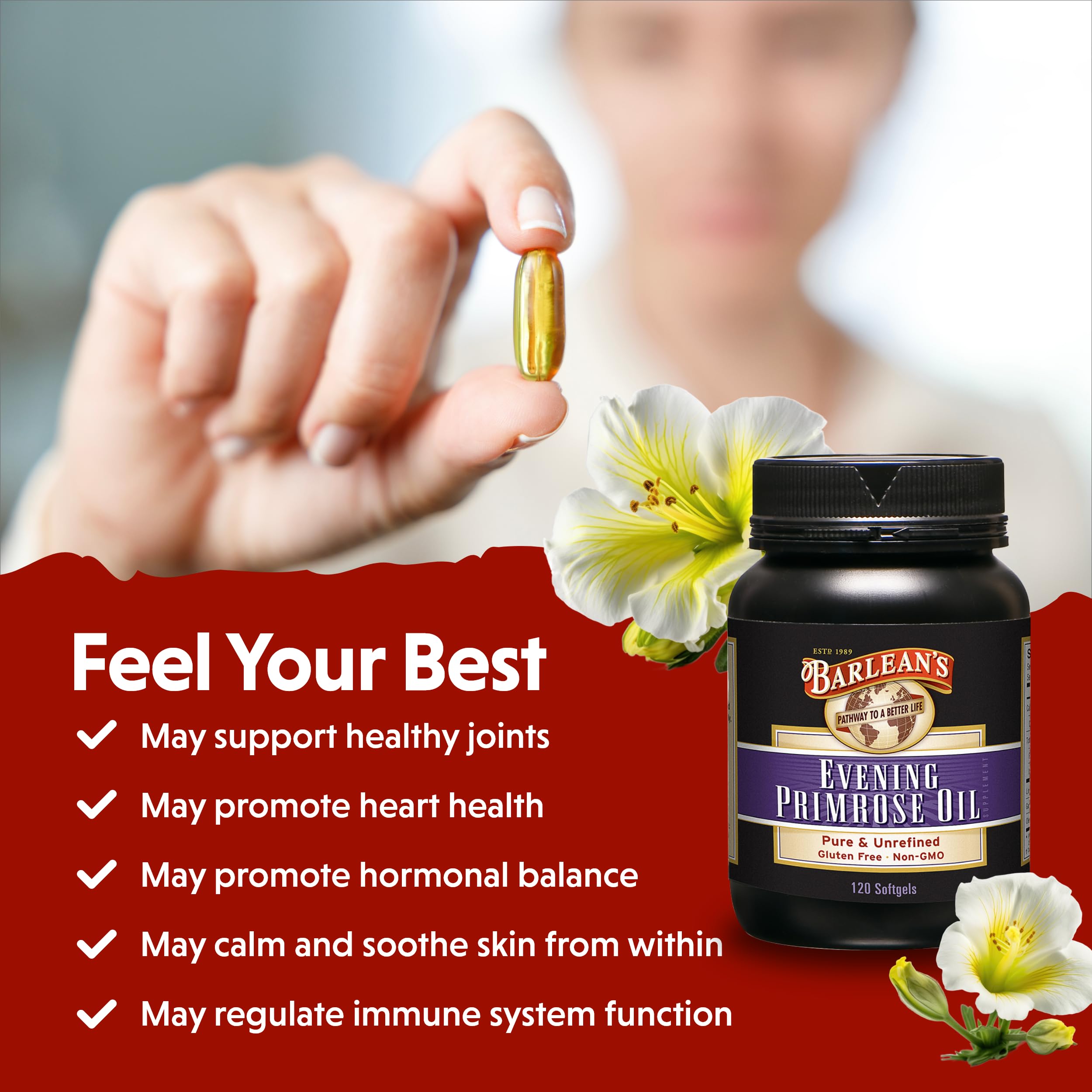 Barlean's EPO capsules in hand highlighting easy daily use