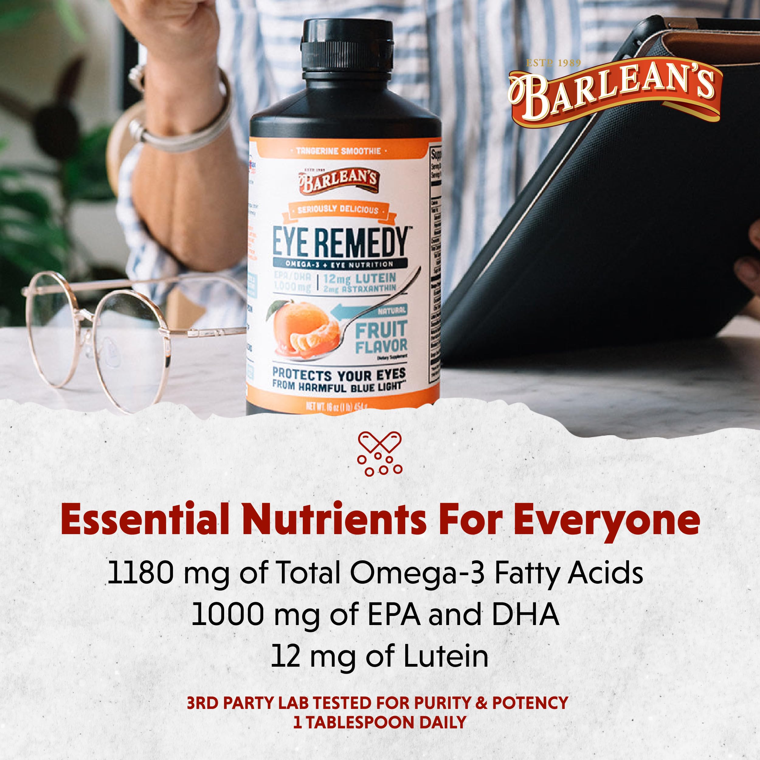Product on kitchen counter conveys ready-to-use daily omega-3 option.