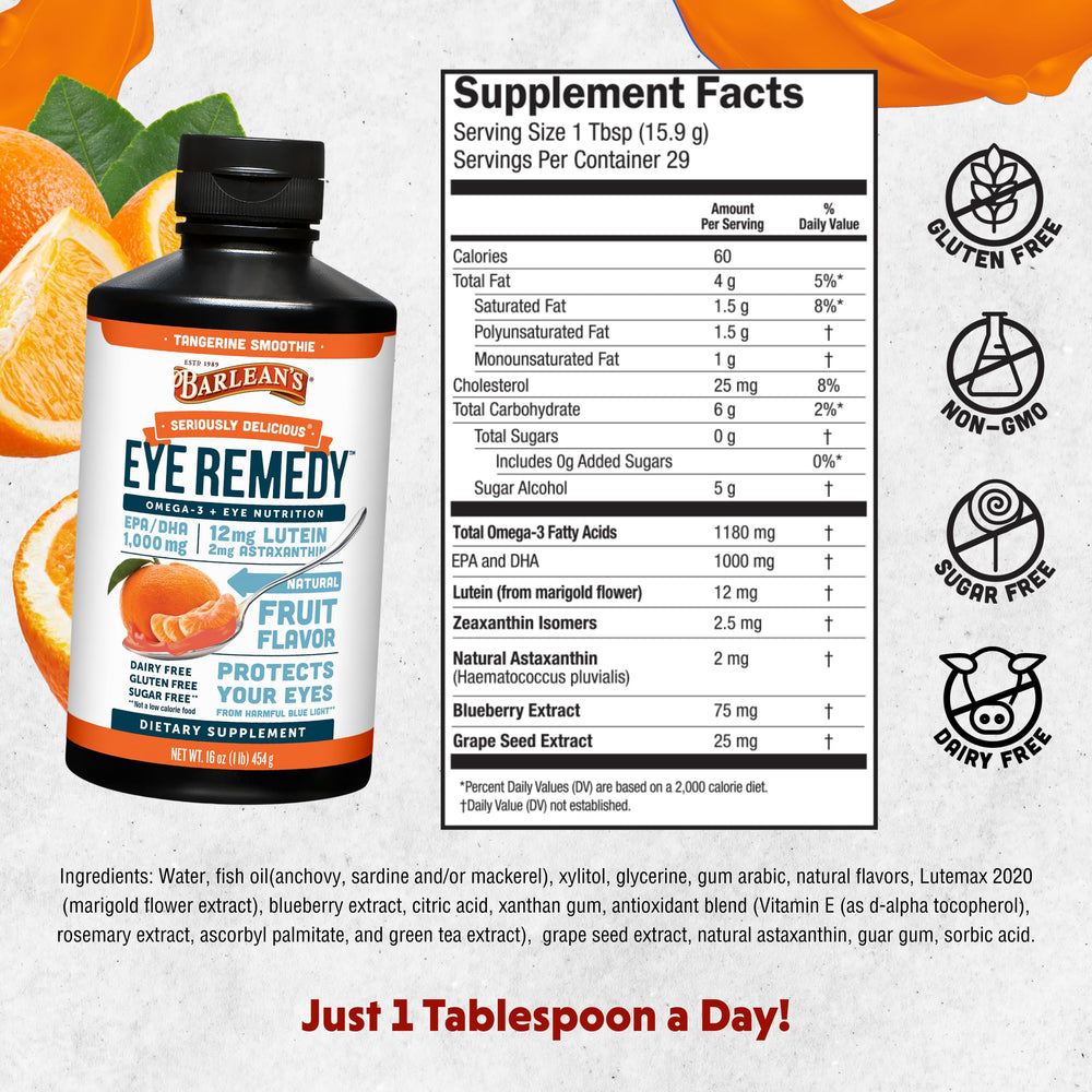 Barlean's Eye Remedy label highlights lutein and zeaxanthin for eye support.