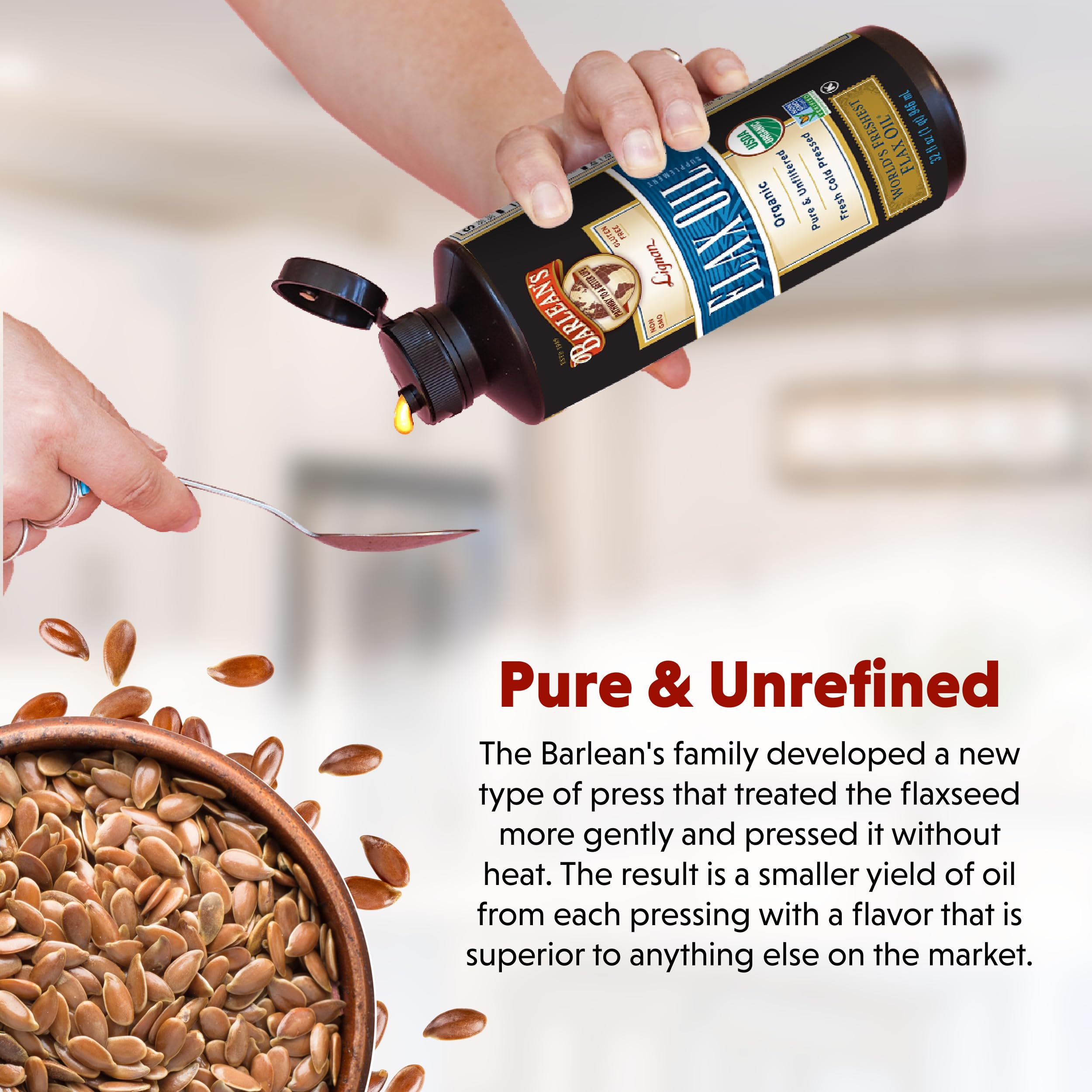 Barlean's label close-up highlighting organic, non-GMO flax seeds