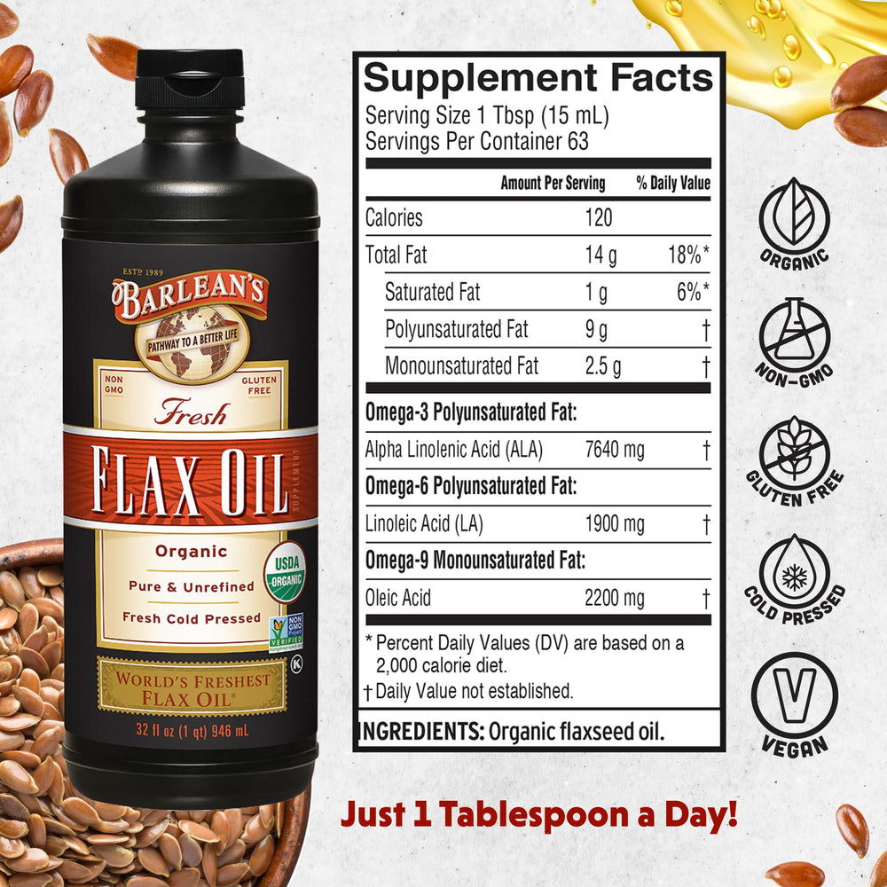 Barlean's flaxseed oil bottle label close-up highlights organic, cold-pressed quality