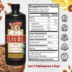 Barlean's flaxseed oil bottle label close-up highlights organic, cold-pressed quality