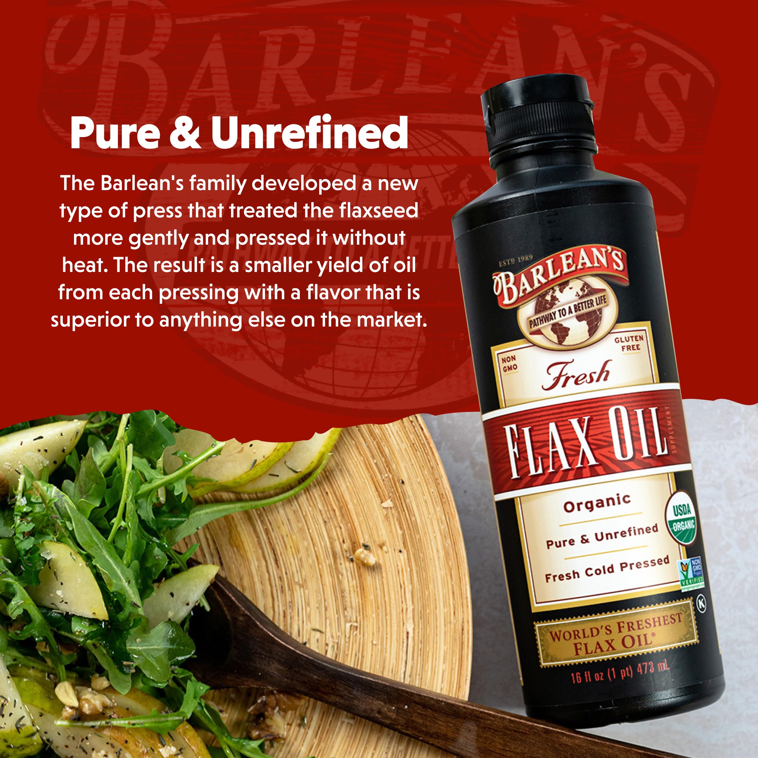 Barlean's flaxseed oil used in salad dressing for a light nutty flavor