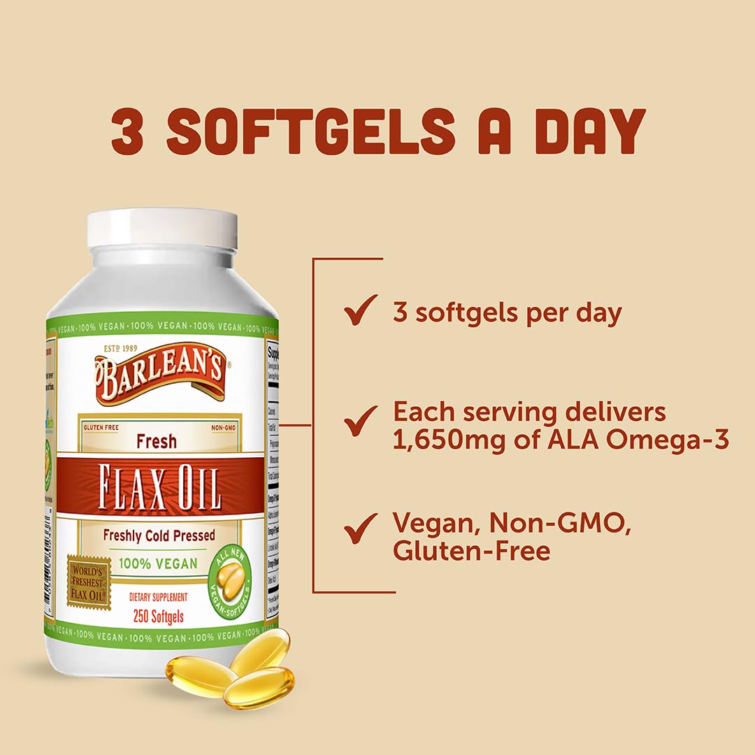 Pouring Barlean's flaxseed oil softgels; mess-free supplementation