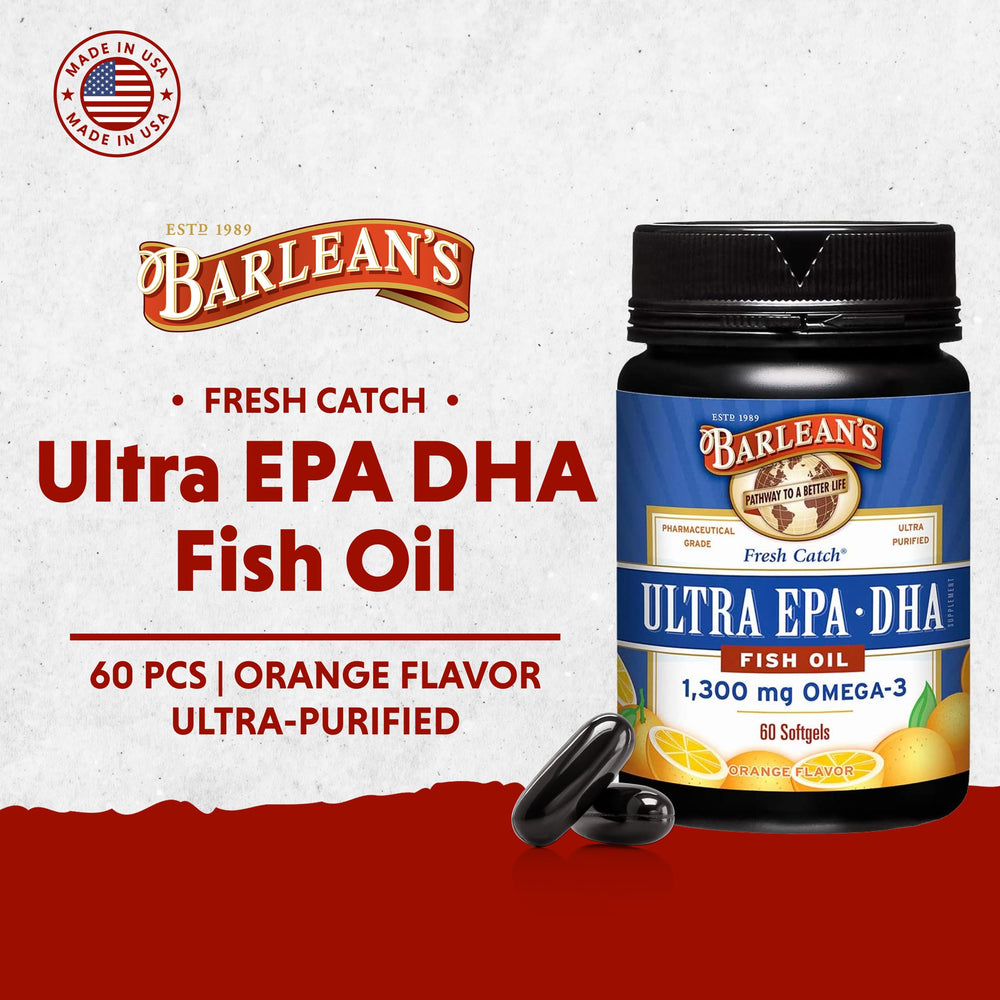 Barlean's Fresh Catch omega-3 pills showing sustainably sourced fish oil.