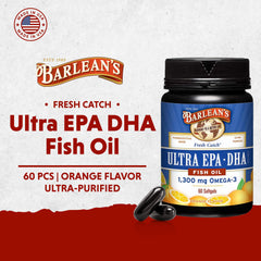 Barlean's Fresh Catch omega-3 pills showing sustainably sourced fish oil.