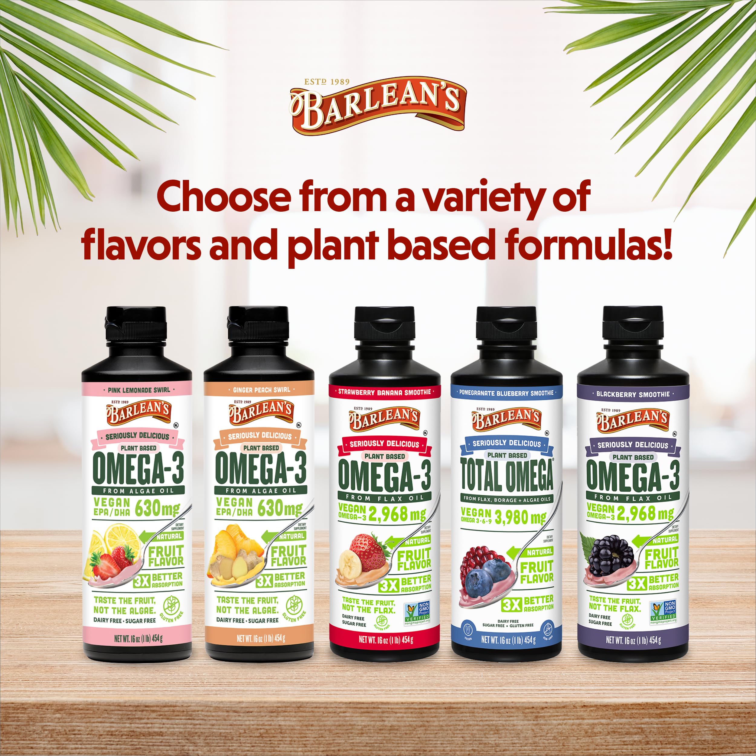 Barlean's 16 oz bottle emphasizes US-made quality and plant-based omega-3 source.