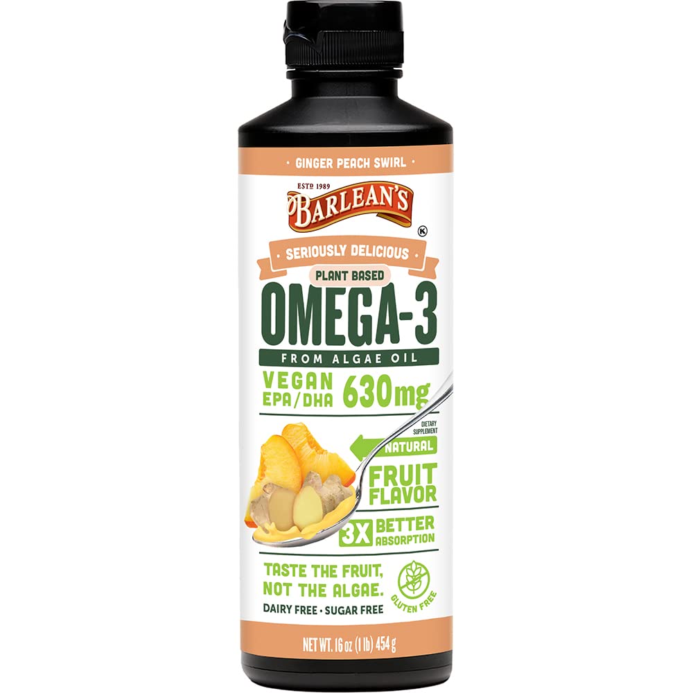 Barlean's Ginger Peach vegan Omega-3 oil bottle pour with tasty flavor and EPA/DHA support.