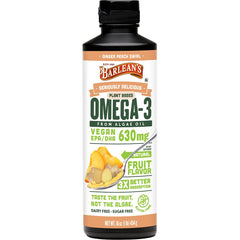Barlean's Ginger Peach vegan Omega-3 oil bottle pour with tasty flavor and EPA/DHA support.