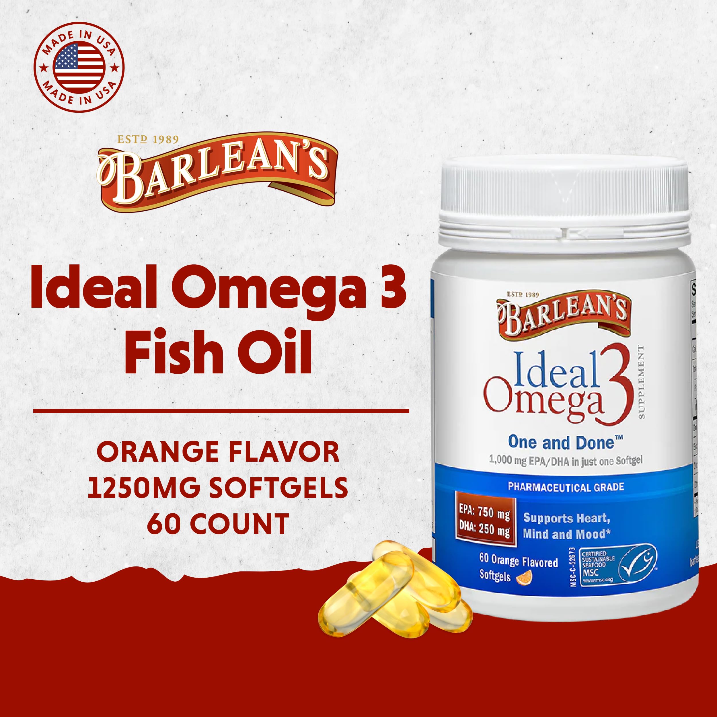 Barlean's Ideal Omega-3 bottle front highlighting sustainable, high-potency EPA and DHA for daily wellness.