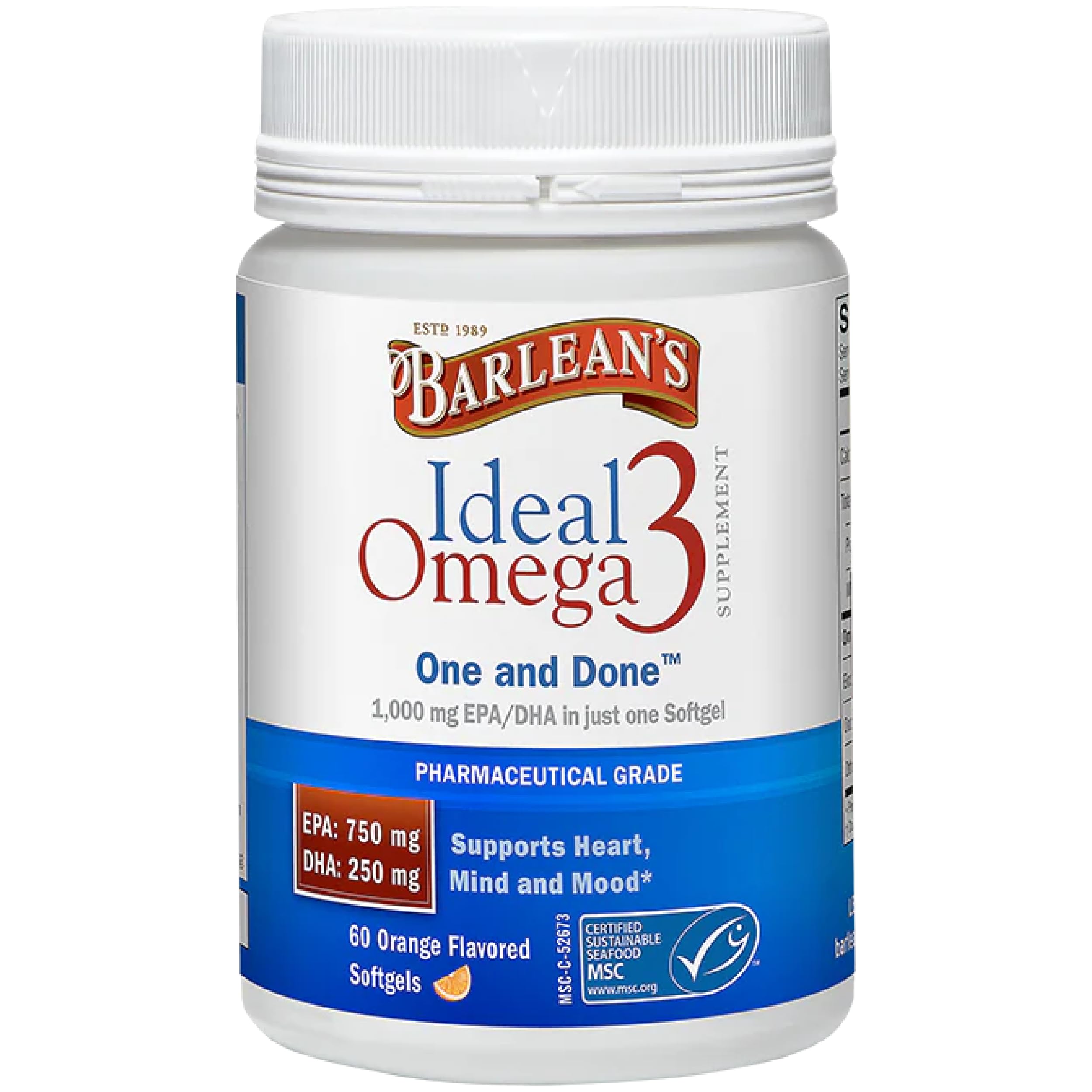 Barlean's Ideal Omega-3 softgels orange bottle, easy daily omega-3 boost.