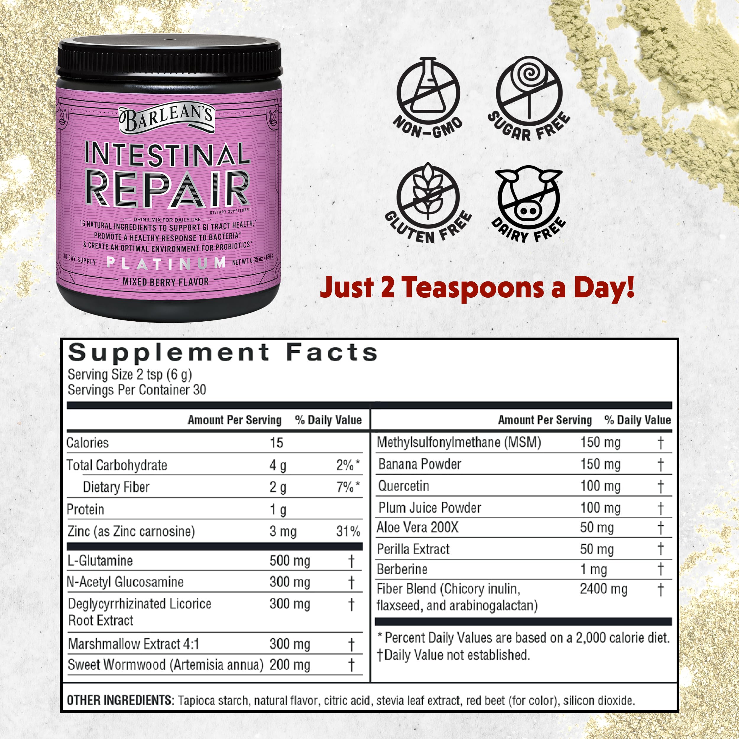 Barlean's Intestinal Repair daily scoop for easy, convenient gut health routine.