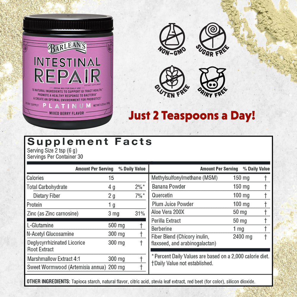 Barlean's Intestinal Repair daily scoop for easy, convenient gut health routine.