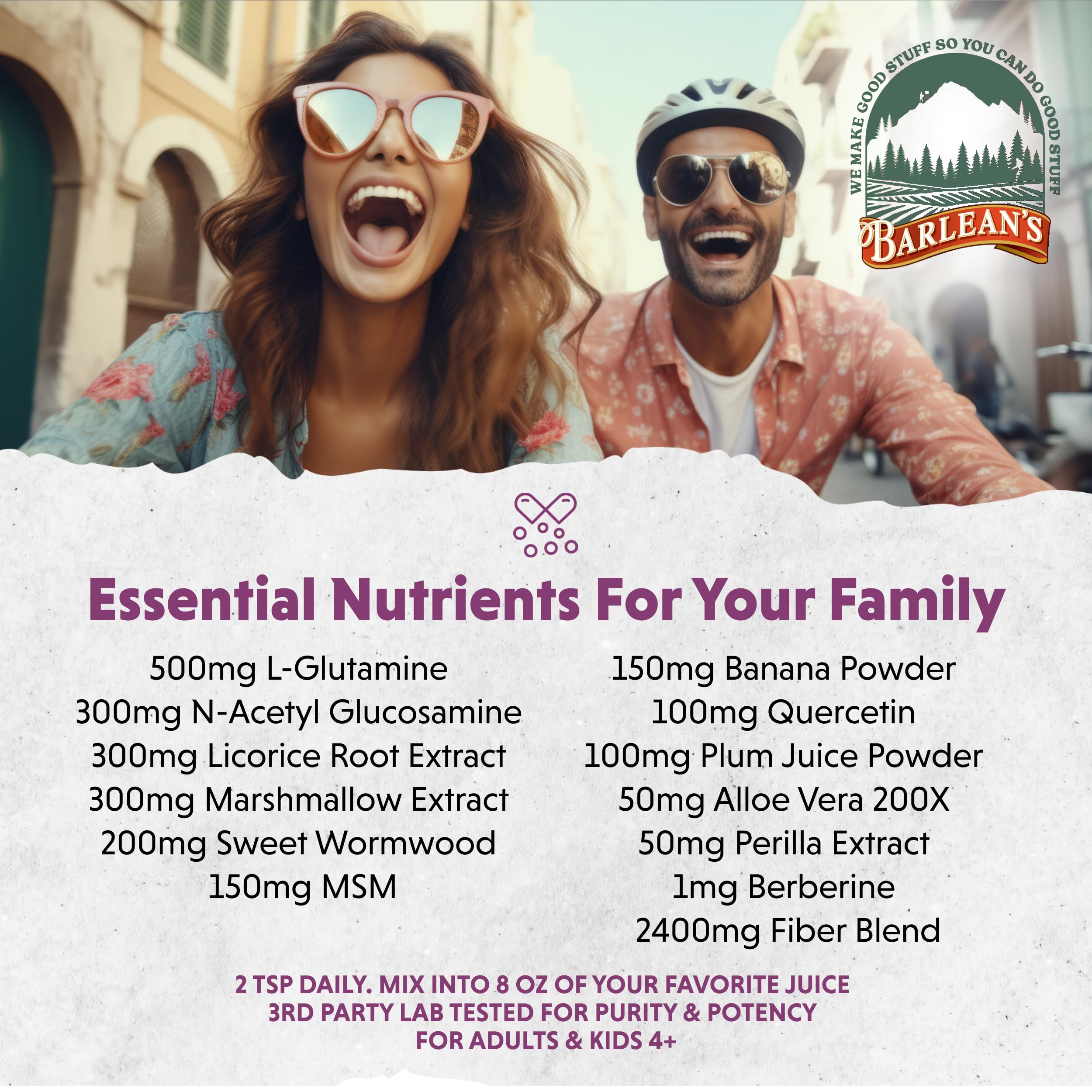 Barlean's Intestinal Repair label closeup emphasizes premium USA-made quality.