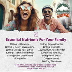 Barlean's Intestinal Repair label closeup emphasizes premium USA-made quality.