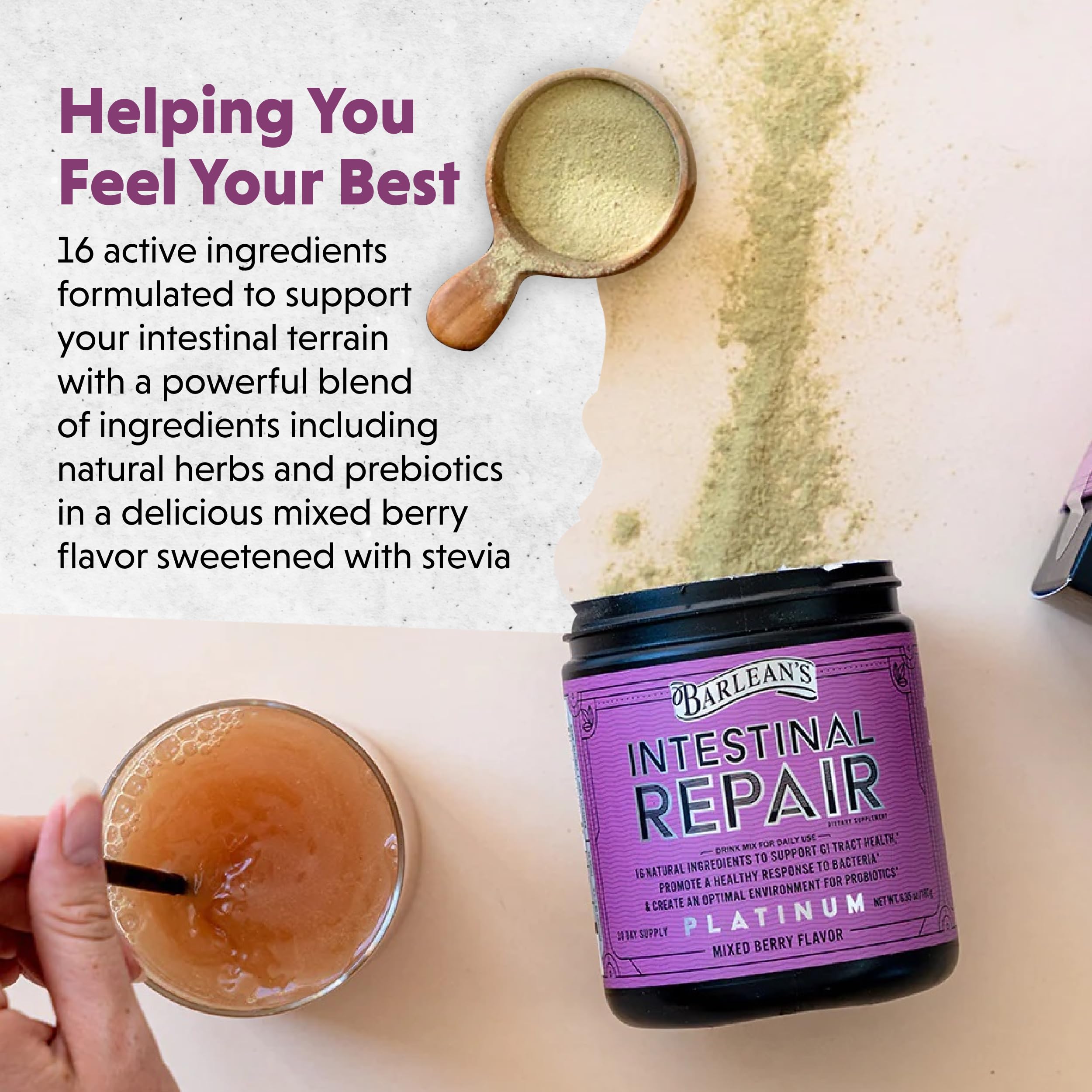 Barlean's Intestinal Repair mixed-berry drink ready to support digestion after a busy day.