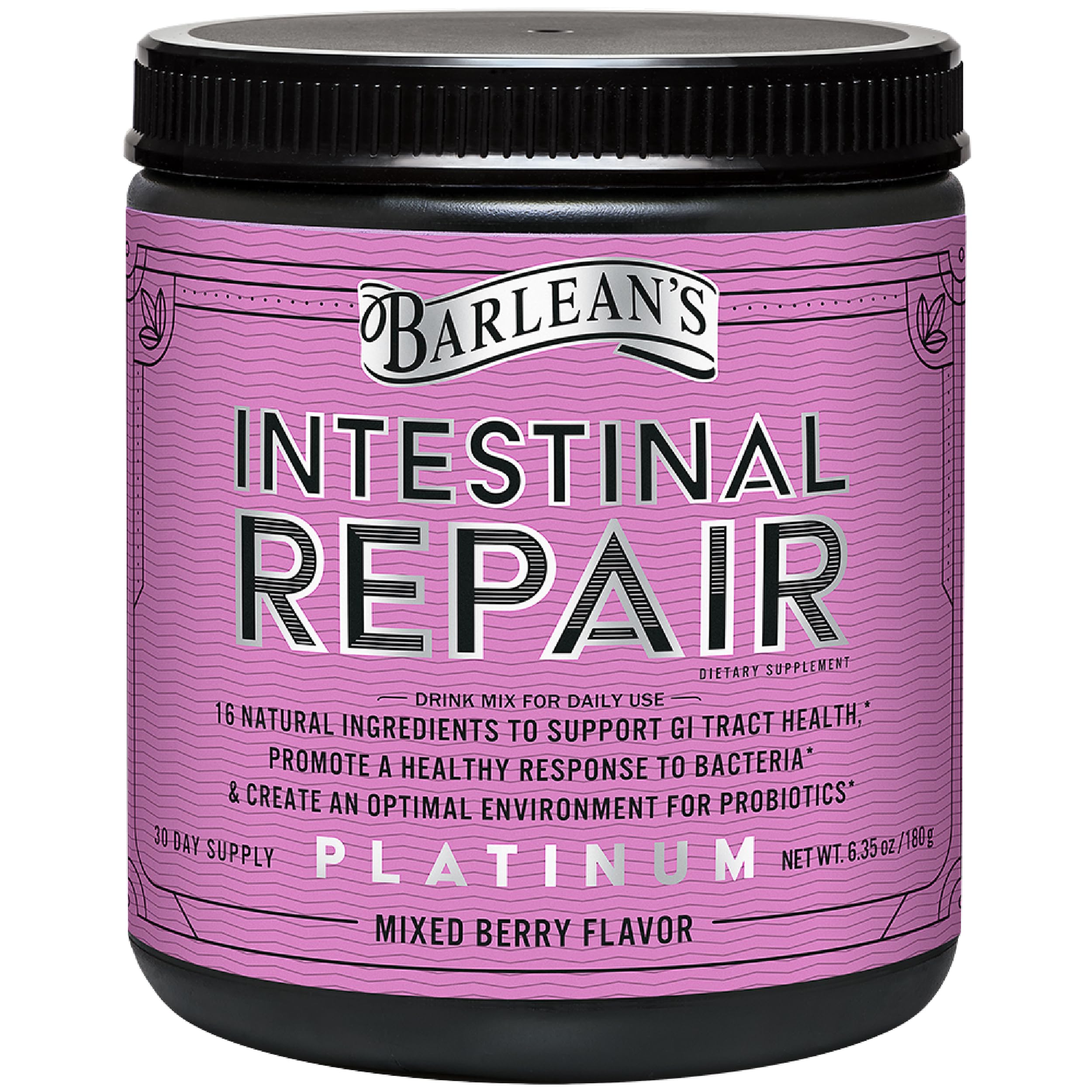 Barlean's Intestinal Repair powder tub with berry flavor for daily gut support.