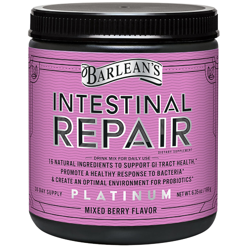 Barlean's Intestinal Repair powder tub with berry flavor for daily gut support.