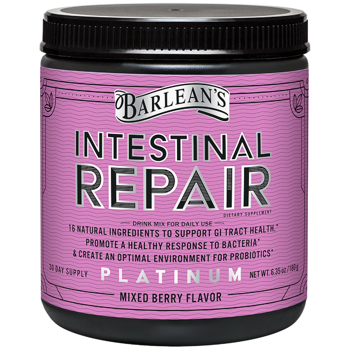 Barlean's Intestinal Repair powder tub with berry flavor for daily gut support.