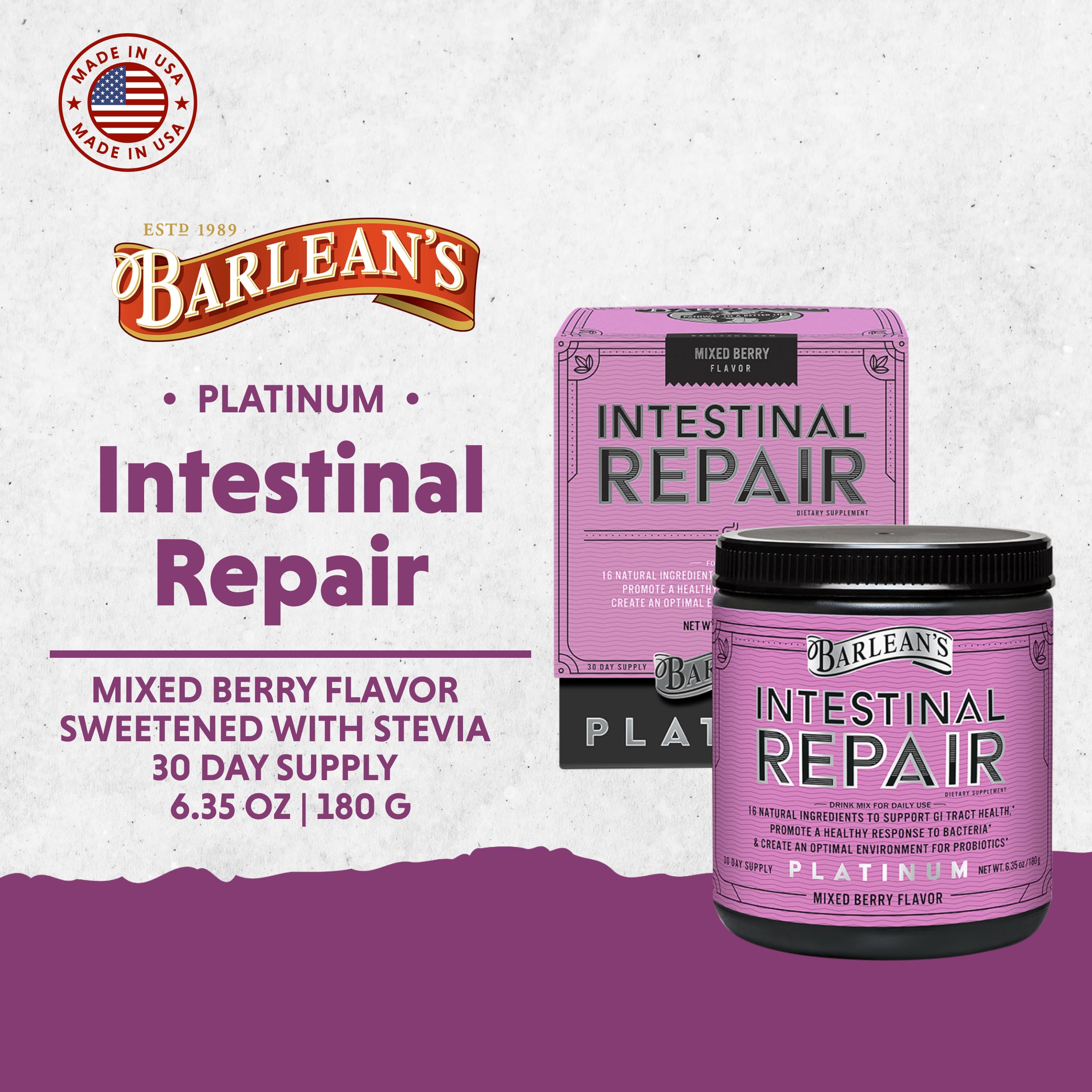 Barlean's Intestinal Repair stirring into water shows quick mix and smooth texture.