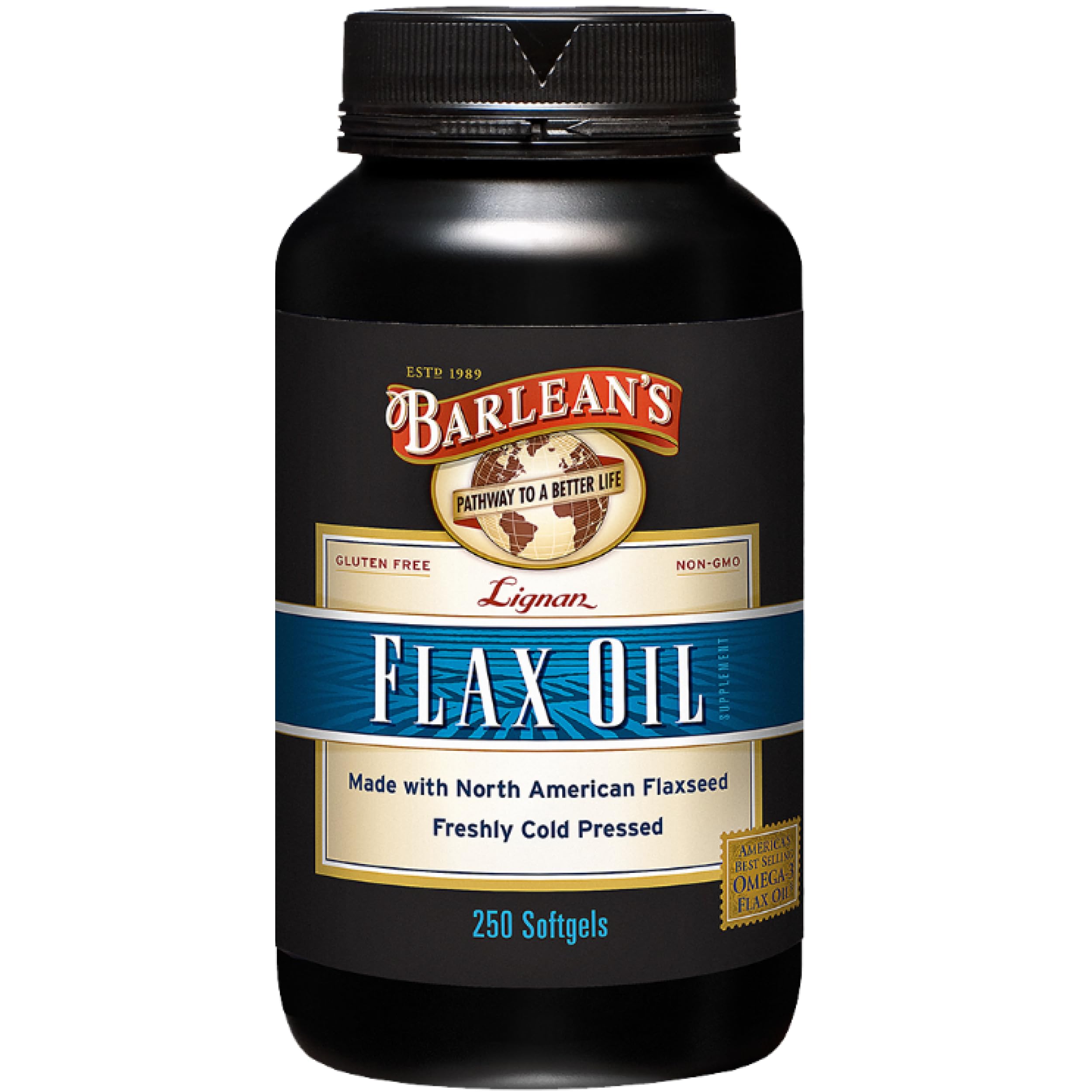 Barlean's Lignan Flaxseed Oil Softgels bottle closeup for easy daily omega-3 intake