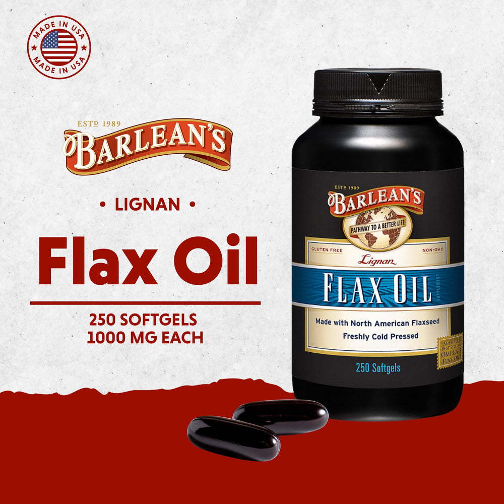 Barlean's Lignan Flaxseed Oil Softgels packaging shown for ongoing use