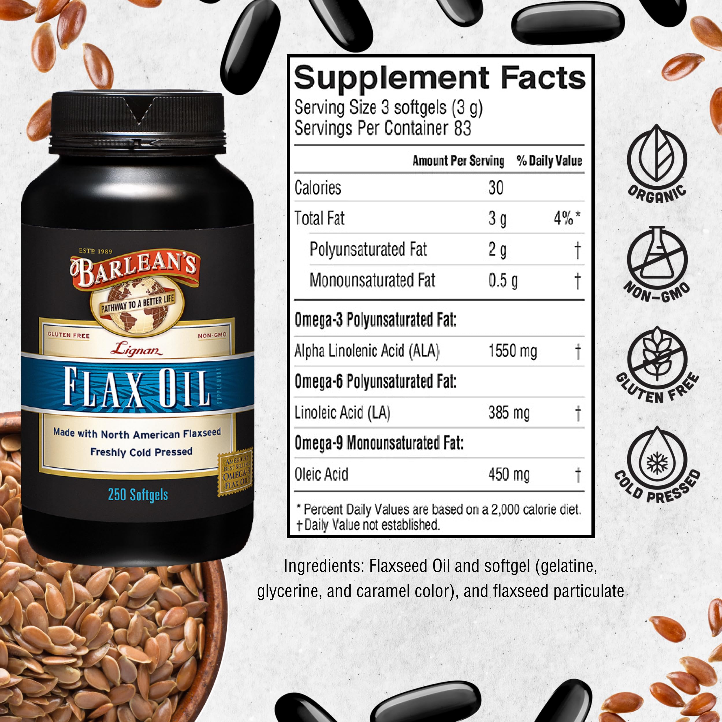 Barlean's flaxseed oil softgels 1000mg each ready for convenient daily routine