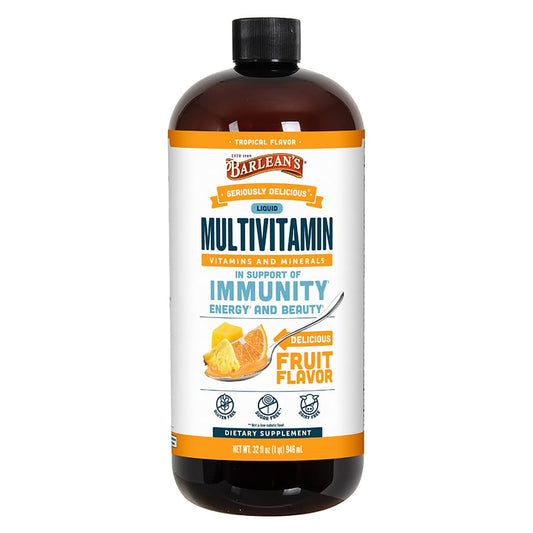 Barlean's Liquid Multivitamin bottle close-up with tropical flavor for daily nutrition support