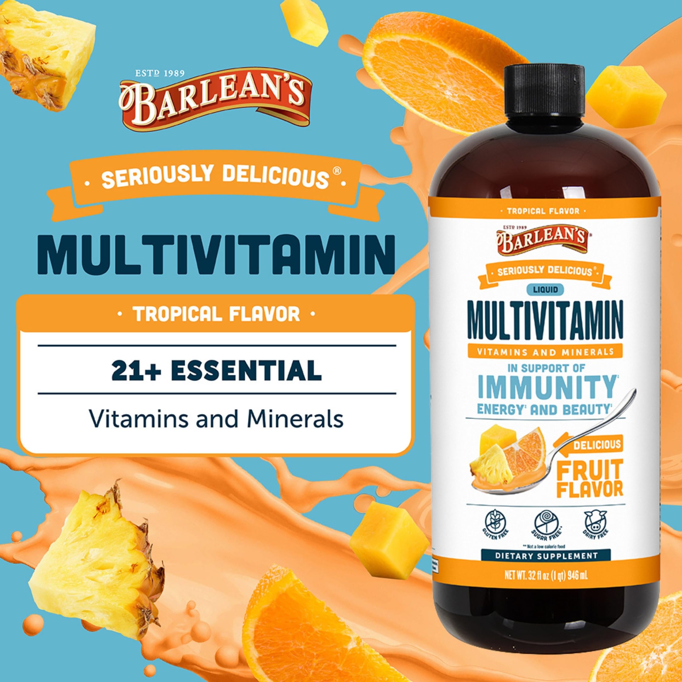Barlean's Liquid Multivitamin poured into yogurt, easy to mix into daily snacks