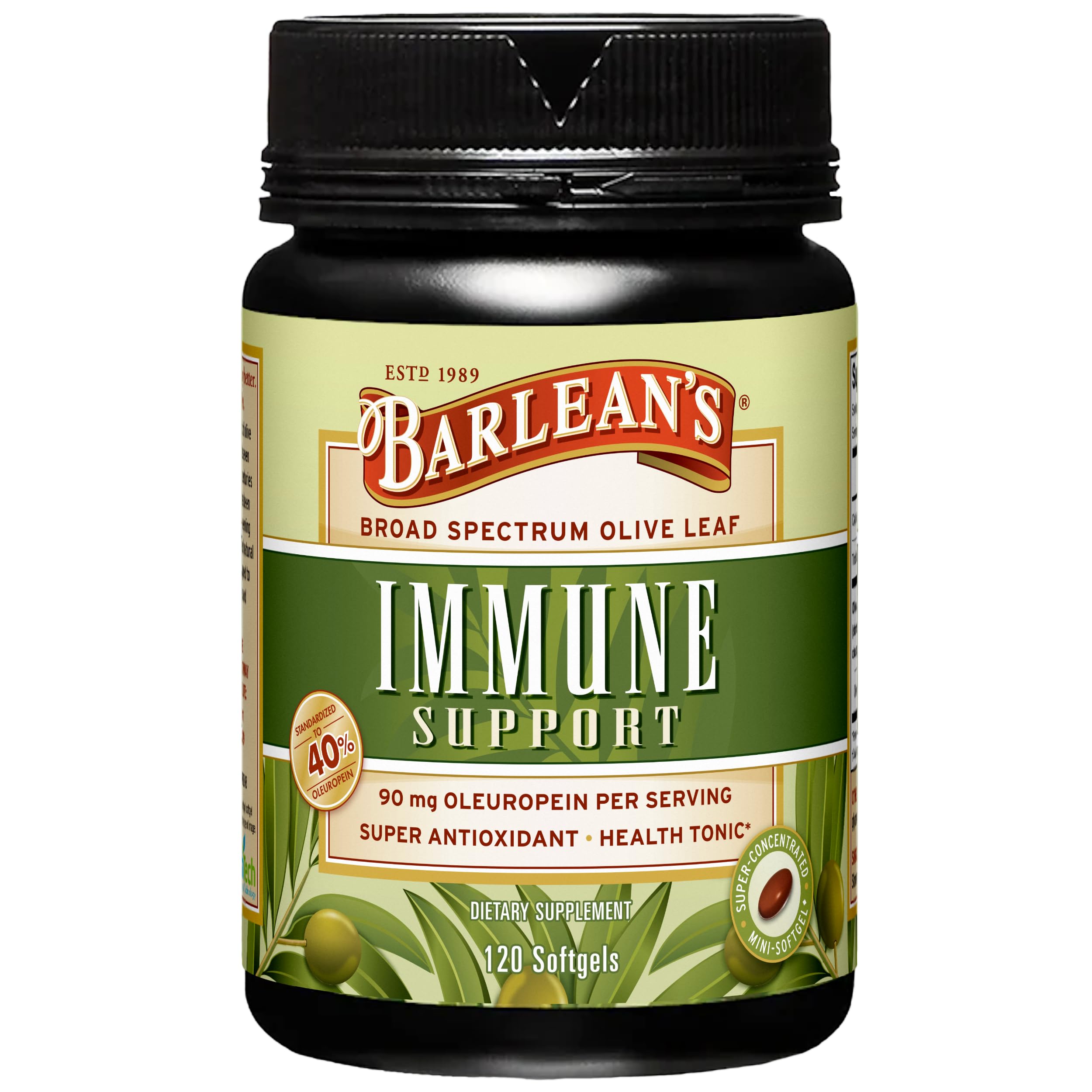 Barlean's Olive Leaf Complex bottle front conveys strong immune support potential.