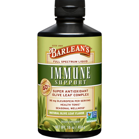 Barlean's Olive Leaf Complex bottle shows rich oleuropein for potential immune support.